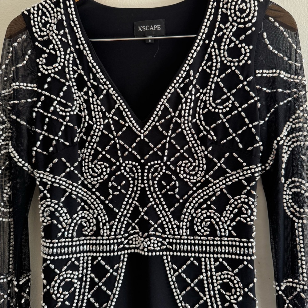 XSCAPE Black Long Sleeve White Silver Bead Embellishment Dress size 8 - Picture 6 of 10